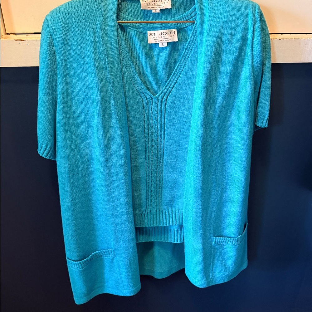 St. John Collection Turquoise Short-Sleeve Sweater Set